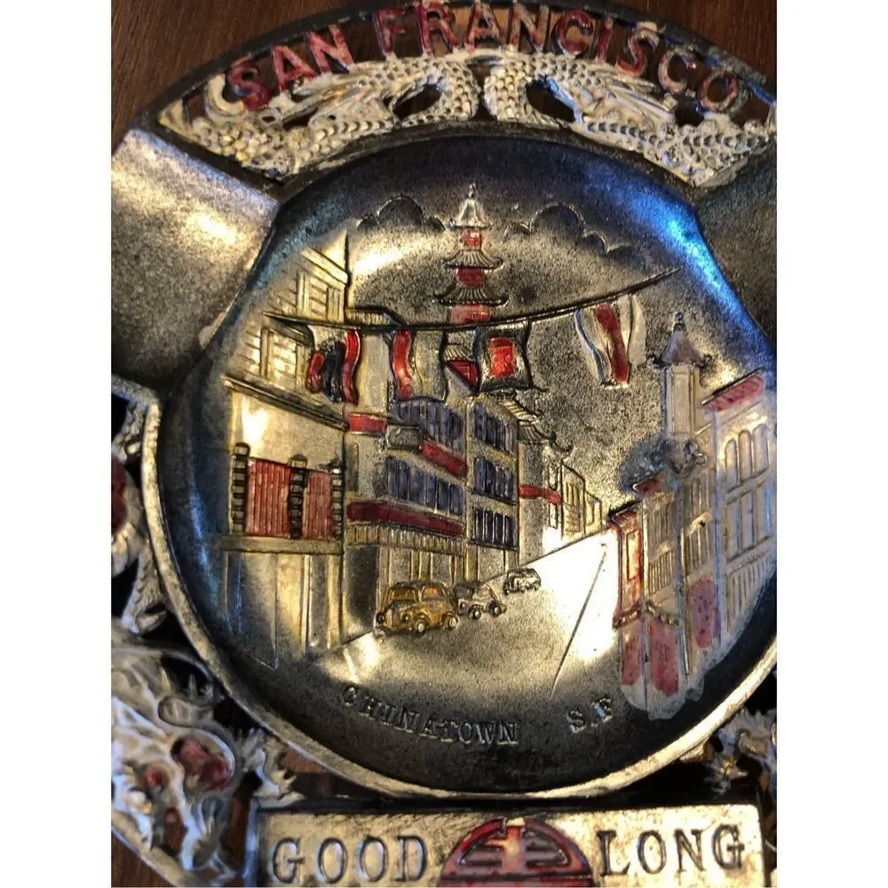 Vintage San Francisco Tin Plate Embossed Ashtray Catch All Americana Kitsch Deco